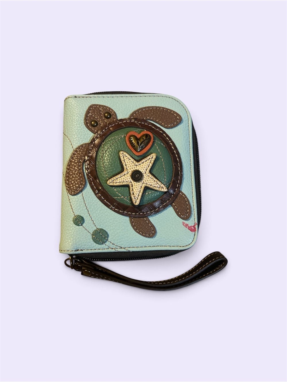 Chala Mint Green Turtle Wristlet Wallet with Brown Accents